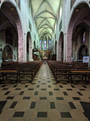 Interior view of the nave at St. Peter's Cathedral in Annecy seen from the main portal