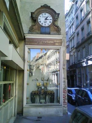 Charvet Clock on rue de la Poulaillerie with four puppet figures including Guignol and Harlequin