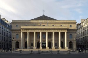 Sunlit north facade of Odéon-Théâtre de l'Europe in early morning light