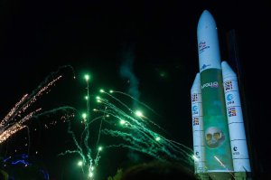 Fireworks display around Ariane 5 rocket at the Cite de l'Espace during Apollo Day