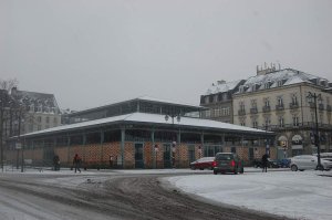 Halle Martenot building in Rennes covered with snow during winter