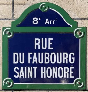 Street name plaque for rue du Faubourg Saint-Honoré in Paris