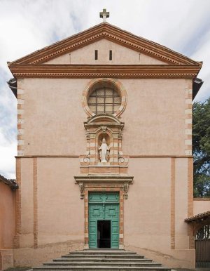 Facade of the Carmelite chapel on Perigord street in Toulouse showing architectural details