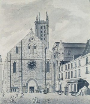 Exterior view of the Abbey of Sainte-Genevieve showing classical architectural elements