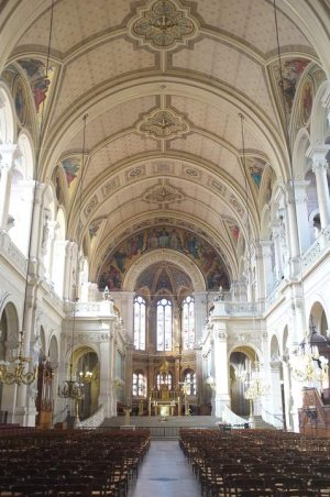Interior view of Sainte-Trinité Church in Paris from the main entrance