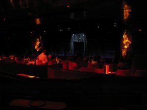 Interior view of the Crazy Horse cabaret in Paris with stage and seating