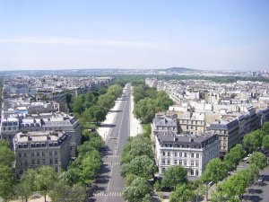 aerial view of Avenue Foch taken from the Arc de Triomphe showing the tree-lined street and surrounding urban area