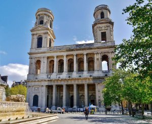 Facade of the Church of Saint-Sulpice in Paris with intricate architectural details
