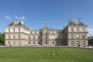 Luxembourg Palace surrounded by the Luxembourg Garden in Paris under clear sky
