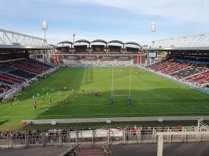 Matmut Stadium de Gerland filled with spectators during a LOU rugby match after renovation