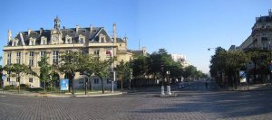 Panoramic view of the XIIIth arrondissement municipal building and Boulevard de l'Hôpital from Place d'Italie in Paris