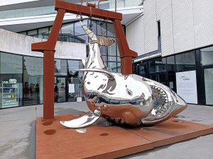 Large shark sculpture by Philippe Pasqua at the entrance of Musée Mer marine in Bordeaux