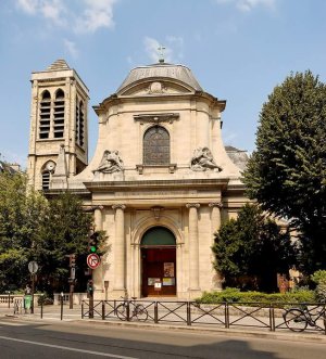 Façade of Saint-Nicolas-du-Chardonnet catholic church on Rue des Bernardins in Paris