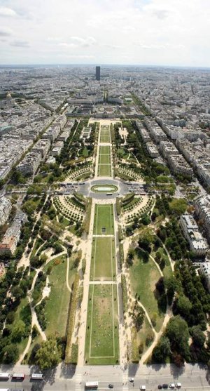 Panoramic composite view of Champ de Mars seen from the top of the Eiffel Tower in Paris
