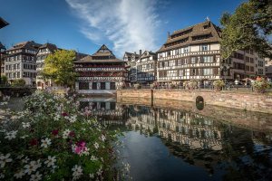 Traditional half-timbered houses at Petite France with Maison des Tanneurs and Place Benjamin-Zix in Strasbourg