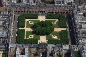 Aerial view of Place des Vosges in Paris looking north from the south
