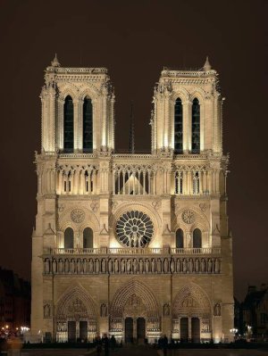 Notre-Dame de Paris cathedral illuminated at night on Île de la Cité