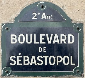 Street name plaque for Boulevard de Sébastopol in Paris