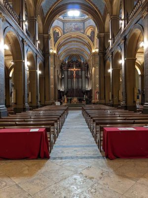 Interior nave view of Saint-François-de-Sales church in Lyon seen from the main entrance portal