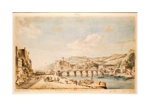 Watercolor painting showing a view of Château de Pierre Scize and the quai d'Alincourt near the gorge in Lyon