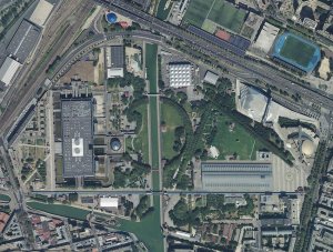 Aerial orthophotograph showing the layout and landscape of Parc de la Villette in Paris