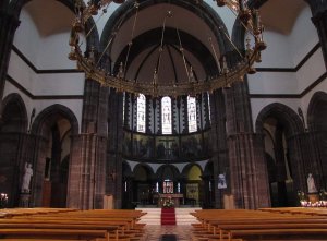 Interior view of Saint-Pierre-le-Jeune Catholic Church in Strasbourg showing architectural details