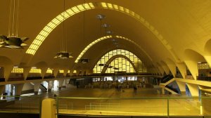 Renovated interior of Halles du Boulingrin with characteristic yellow lighting