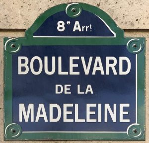 Street name plaque for Boulevard de la Madeleine in Paris