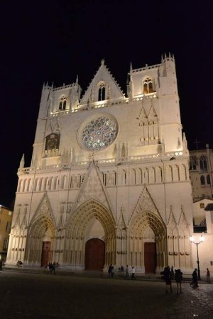 nighttime view of Lyon Cathedral Saint-Jean illuminated in Lyon Rhône France