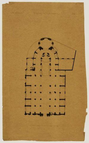 Architectural drawing showing detailed plan, elevation, and section of Saint-Laurent church