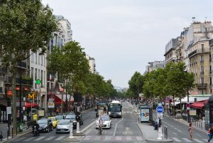 View of Boulevard du Montparnasse street in Paris with buildings and traffic