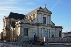 View of La Rochelle Cathedral with its historic stone façade in Charente-Maritime, France