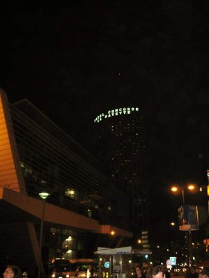 Nighttime view of Concorde La Fayette hotel adjacent to Palais des Congrès in Paris