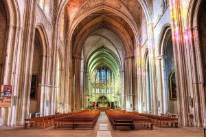 Interior view of Montpellier Cathedral showing architectural details and high vaulted ceilings