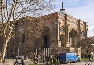 Exterior facade of Church Saint-Aubin in Toulouse featuring architectural details