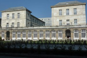 Sign of Lariboisière Hospital in Paris at the western pavilions