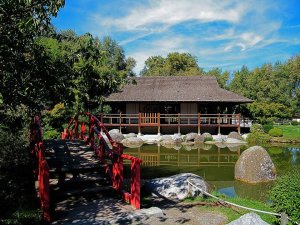 Pagoda situated in the middle of the artificial lake at the Japanese Garden in Toulouse, France
