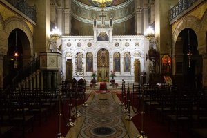 Interior of St. Stephen's Greek Orthodox Cathedral with religious icons and architecture