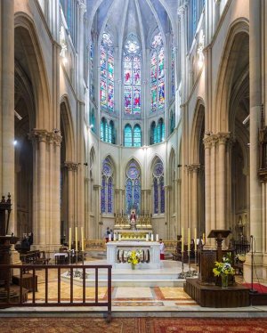 Interior view of Église Saint-Vincent-de-Paul church in Marseille showcasing architectural and decorative elements