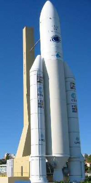Model of the Ariane 5 rocket displayed indoors at the City of Space museum in Toulouse