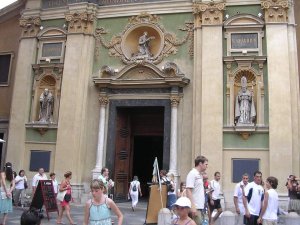 Entrance facade of Nice Cathedral Sainte Reparate with architectural details