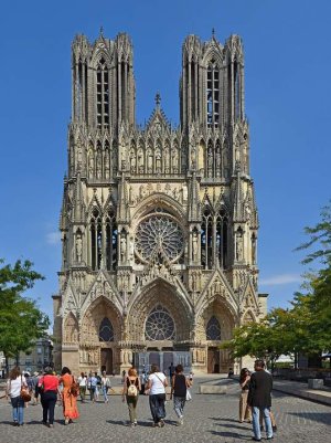 Facade of the Cathedral of Notre-Dame of Reims with detailed gothic architecture