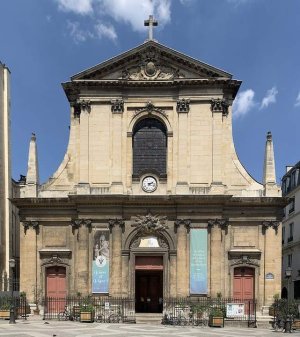 Exterior view of the Basilica Notre-Dame-des-Victoires in Paris