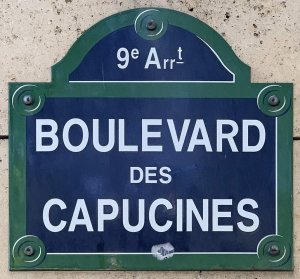 Street name sign for boulevard des Capucines in Paris