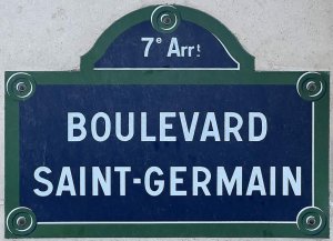 Street name plaque for Boulevard Saint-Germain in Paris