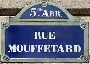 Street name plaque for rue Mouffetard in Paris