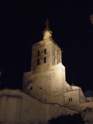 Avignon Cathedral illuminated at night near the Papal Palace in France