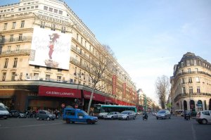 Exterior view of Galeries Lafayette department store on Boulevard Haussmann in Paris
