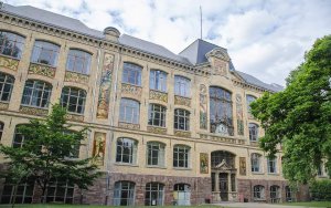 Art nouveau facade of Haute école des arts du Rhin decorated with ornamental elements created by former students
