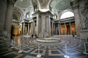 View of the intricately decorated ceiling inside the Pantheon in Paris